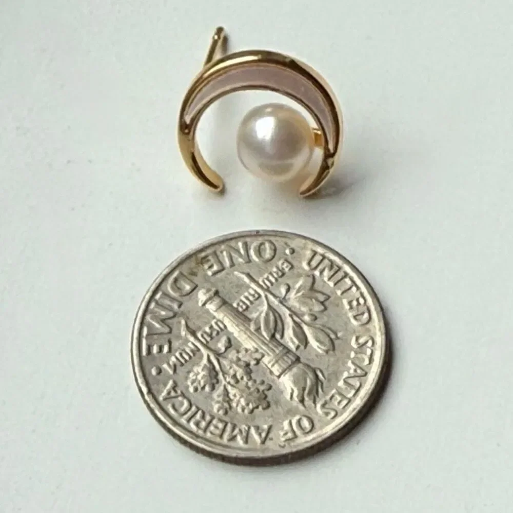Cosmic Moon Freshwater Pearl Stud Earrings Gold Tone Celestial Crescent Lunar